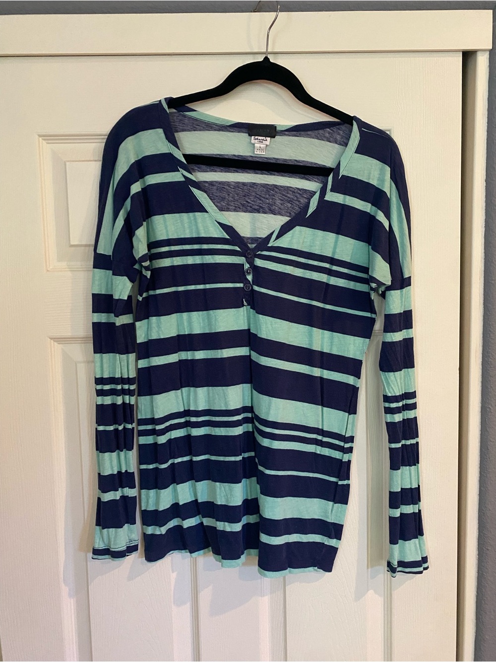 A Pea in the Pod Maternity Striped Long Sleeve V-Neck Button-Top in Blue tones